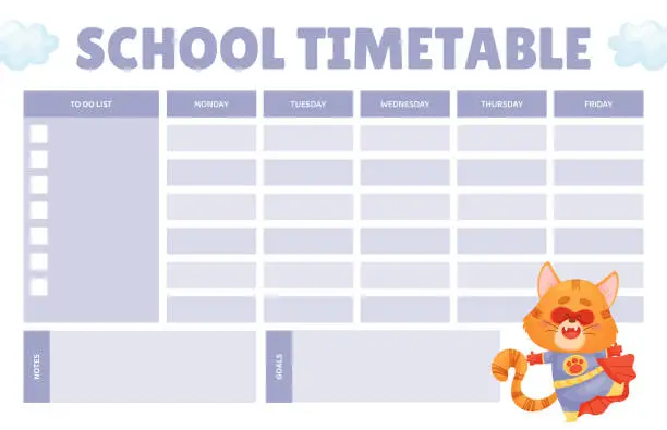 Vector illustration of School Timetable with Cat Superhero Vector Template