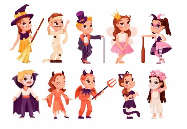 Vector illustration of Children in Bright Halloween Costumes Celebrate Holiday Vector Set