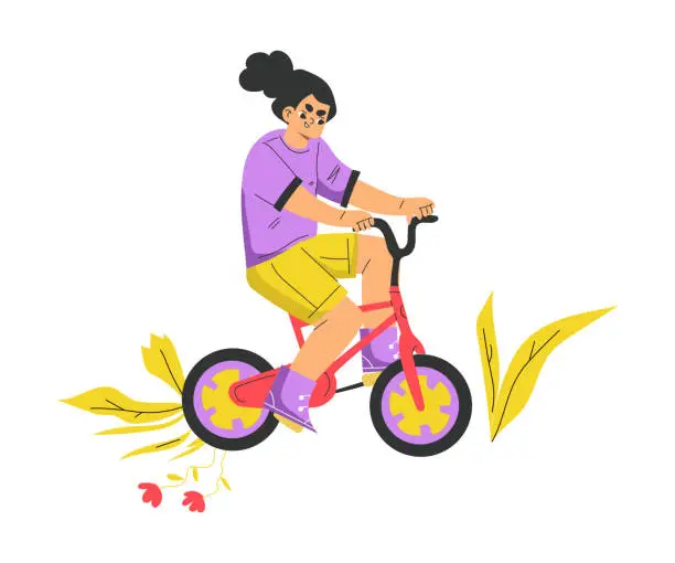 Vector illustration of Girl Hooligan with Bad Behavior Riding Bicycle Across Flowers Spoiling Them Vector Illustration