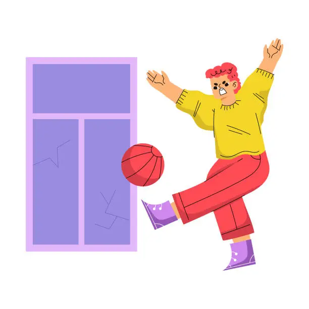 Vector illustration of Angry Boy Hooligan with Bad Behavior Throwing Ball Breaking Window Vector Illustration