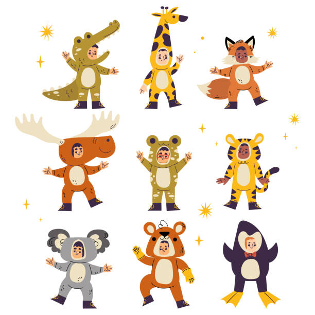 Children Wearing Animal Costumes Standing and Smiling Vector Set Children Wearing Animal Costumes Standing and Smiling Vector Set. Happy Kids Dressed in Party Outfit Waving Hand and Having Fun kid animal costume stock illustrations