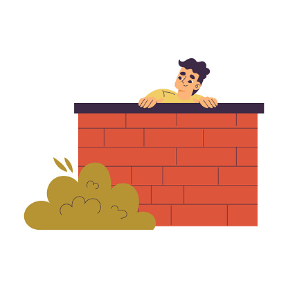 Little Boy Playing Hide and Seek Game Sitting Behind Brick Wall Vector Illustration. Funny Playful Kid Enjoying Recreation Activity