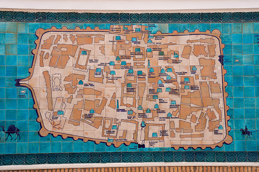 a detailed map of a surrounding Fortress in Central Asia, Khiva, the Khoresm agricultural oasis, Citadel.