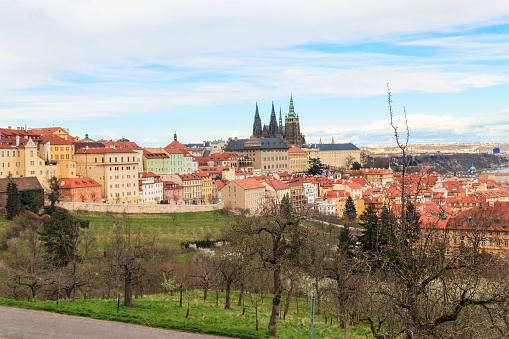Beautiful landscape of the old town and the Hradcany (Prague Castle) with St. Vitus Cathedral in Prague, Czech Republic