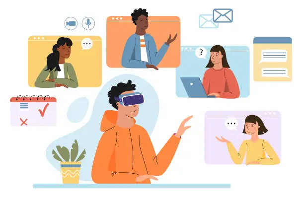 Vector illustration of Man in virtual reality headset having online video call, meeting with his colleagues.