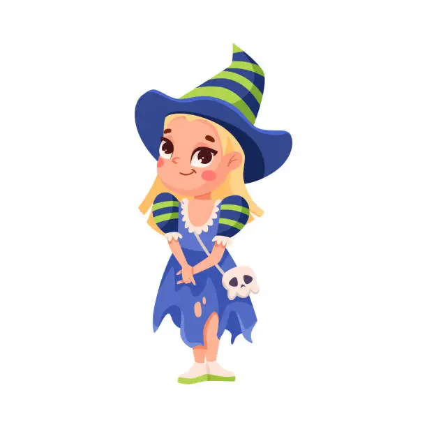 Vector illustration of Cute Girl in Bright Halloween Witch Costume Celebrate Holiday Vector Illustration