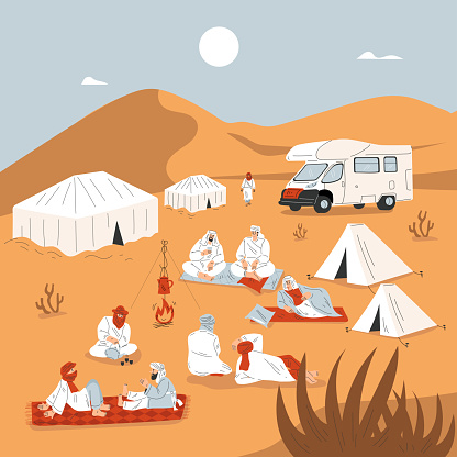 Camping in Hot Desert with Sand Landscape with Tourist and Arab Bedouin Vector Illustration. People Having Arabian Nature Adventure with Tent and Van