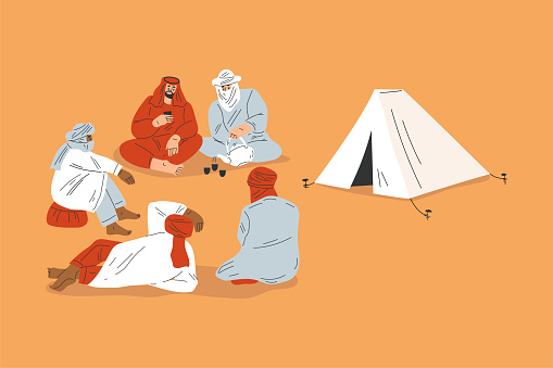 Man Tourist Camping in Desert Sitting and Talking Near Tent Drinking Tea Vector Illustration. Male Having Rest Among Sand