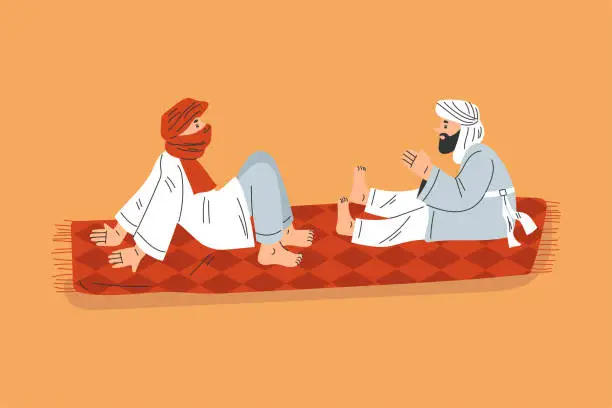 Vector illustration of Man Tourist Camping in Desert Sitting and Talking on Blanket Vector Illustration
