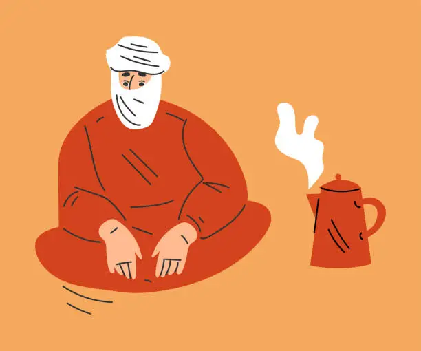 Vector illustration of Man Tourist Camping in Desert Sitting Near Hot Teapot Vector Illustration