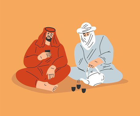 Man Tourist Camping in Desert Sitting and Talking Drinking Tea Vector Illustration. Male Having Rest Among Sand