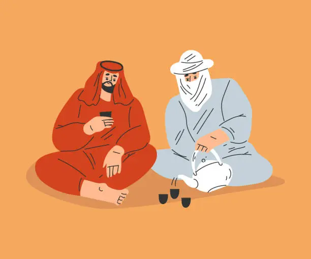 Vector illustration of Man Tourist Camping in Desert Sitting and Talking Drinking Tea Vector Illustration