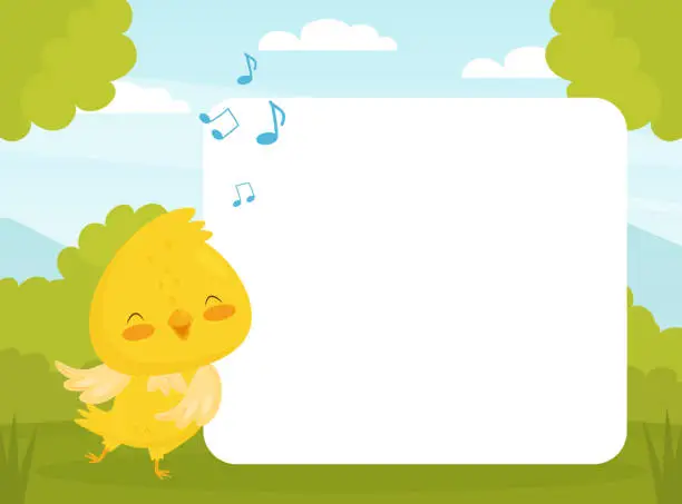 Vector illustration of Empty Note Card with Cute Canary Cartoon Yellow Bird Vector Template