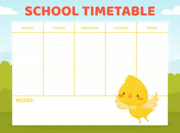 Vector illustration of School Timetable with Cute Canary Cartoon Yellow Bird Vector Template