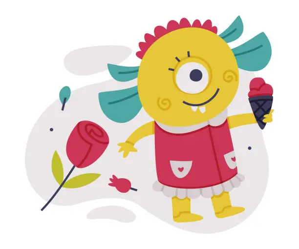 Vector illustration of Funny Yellow Monster with One Eye Holding Ice Cream Vector Illustration