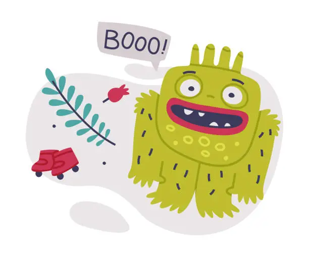 Vector illustration of Funny Green Monster with Toothy Mouth and Fur Vector Illustration