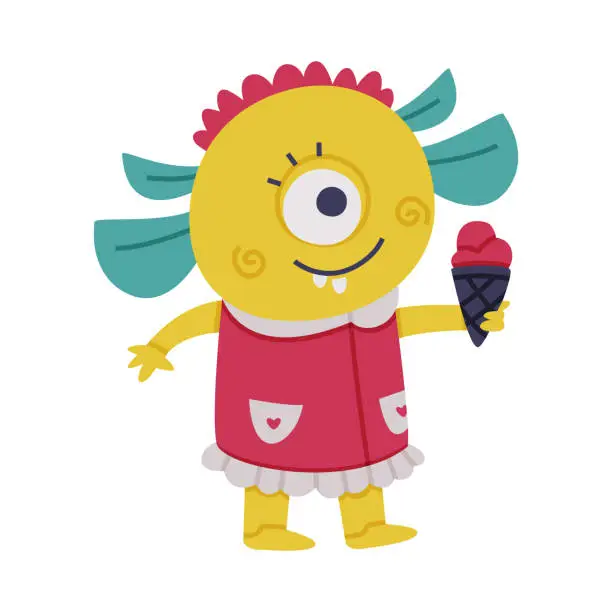 Vector illustration of Funny Yellow Monster with One Eye Holding Ice Cream Vector Illustration