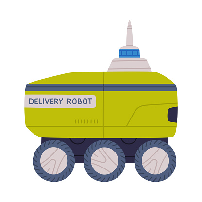 Unmanned Delivery Robot Wheeled Machine as Future Technology Device Vector Illustration. Innovation Development and Engineering
