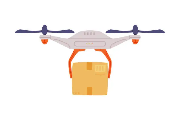 Vector illustration of Drone Delivering Cardboard Parcel as Future Technology Device Vector Illustration