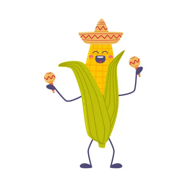 Vector illustration of Funny Corn Cob Character in Sombrero Hat Playing Maraca Vector Illustration