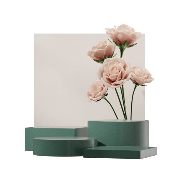 istock rectangle and rose flower 3d image render, transparent background of green granite podium in square 2073597248