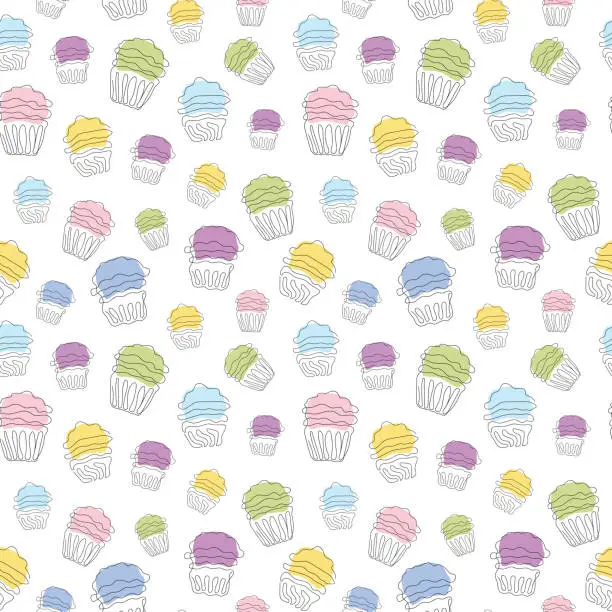 Vector illustration of Seamless pattern of colorful cupcakes in style of continuous one line drawing. Simple line art of muffins with wavy frosting. Vector isolated on white. For decoration, print, textile, wrapping paper.