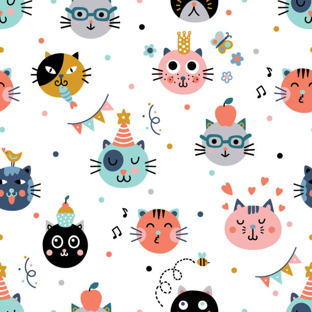 ilustraciones, imágenes clip art, dibujos animados e iconos de stock de cute seamless background with funny cats in cartoon style. - cake pie apple pie apple