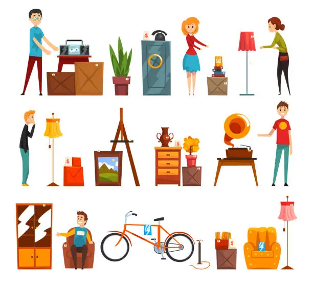 Vector illustration of Garage Sale with People Character Selling and Buying Stuff at Flea Market Vector Set