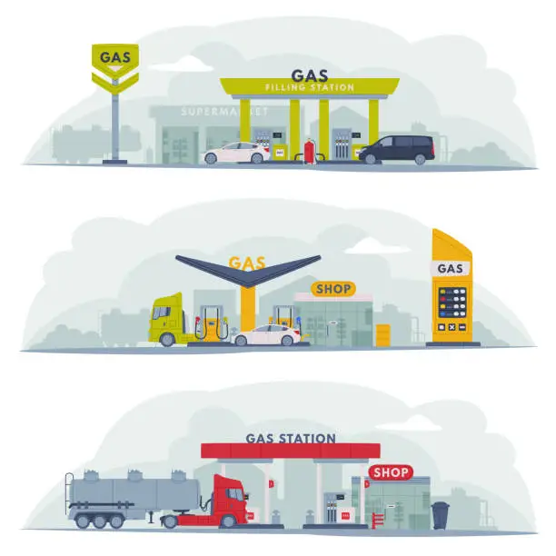 Vector illustration of Gas Filling Station as Facility Selling Fuel for Motor Vehicle Vector Composition Set