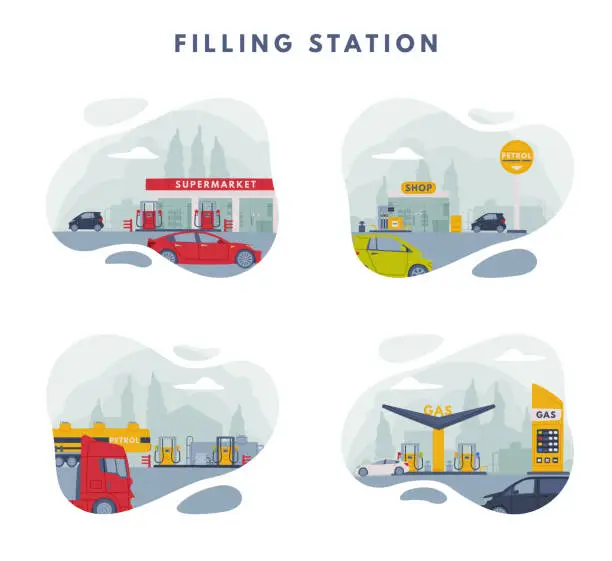 Vector illustration of Gas Filling Station View as Facility Selling Fuel for Motor Vehicle Vector Set