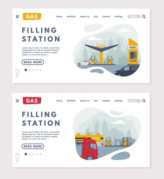 Vector illustration of Landing Page with Gas Filling Station as Facility Selling Fuel for Motor Vehicle Vector Template