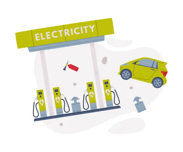 Vector illustration of Electricity Filling Station as Facility with Fuel for Motor Vehicle with Car and Shop Vector Composition