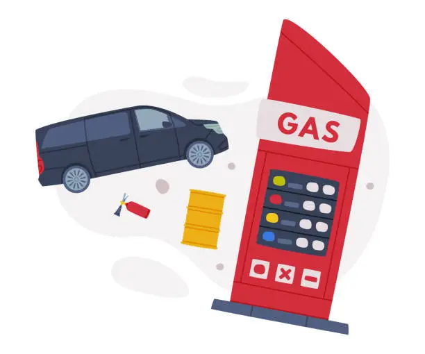 Vector illustration of Gas Filling Station Scattered Objects as Facility with Fuel for Motor Vehicle Vector Composition