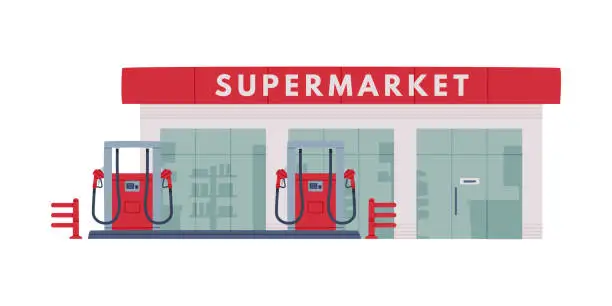 Vector illustration of Gas Filling Station Supermarket Building as Facility Selling Fuel for Motor Vehicle Vector Illustration