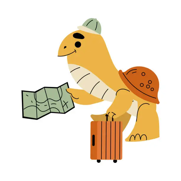 Vector illustration of Funny Turtle Traveler Character with Suitcase and Map Vector Illustration