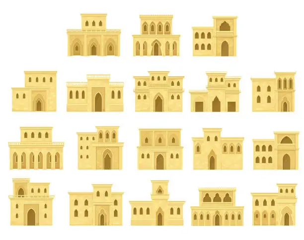 Vector illustration of Moroccan or Arabic Style Building and House Exterior Vector Set