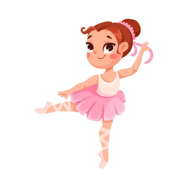 Vector illustration of Cute Ballerina Girl in Pink Tutu Skirt and Pointe Shoes Dancing Ballet Vector Illustration