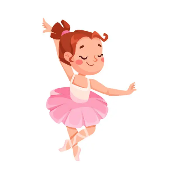 Vector illustration of Cute Ballerina Girl in Pink Tutu Skirt and Pointe Shoes Dancing Ballet Vector Illustration
