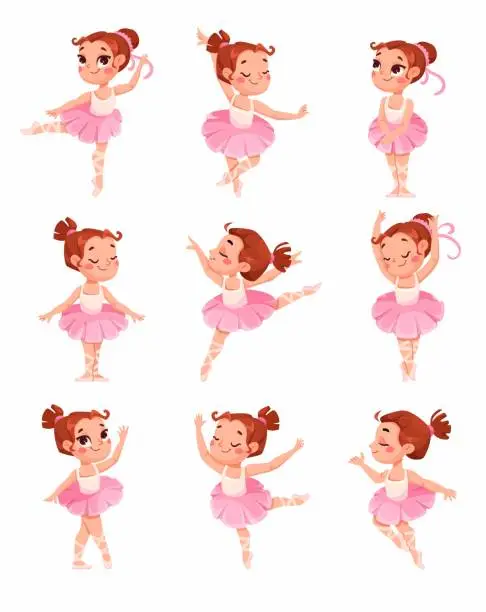 Vector illustration of Cute Girl Ballerina in Tutu Skirt and Pointe Shoes Dancing Ballet Vector Set