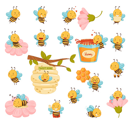 Cute Honey Bee with Wing and Striped Body Flying Around Big Vector Set. Funny Insect Gather Flower Pollen