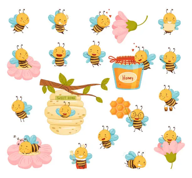 Vector illustration of Cute Honey Bee with Wing and Striped Body Flying Around Big Vector Set