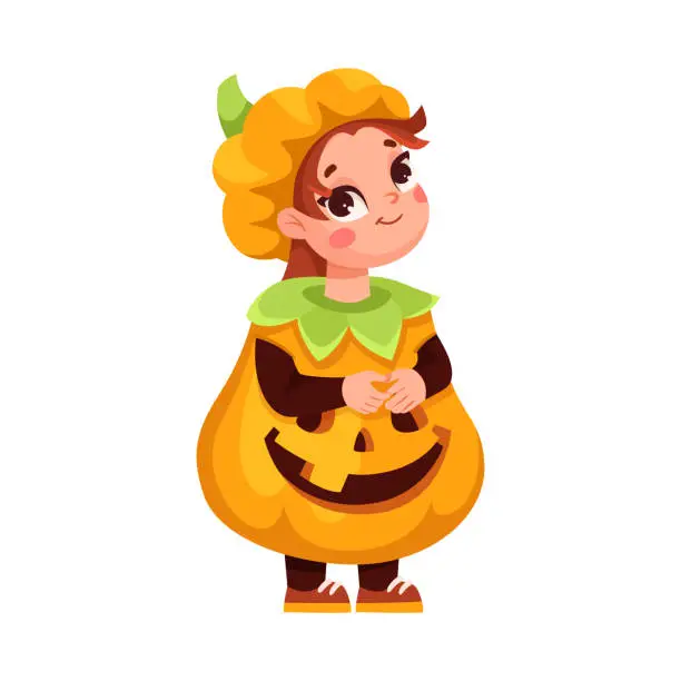 Vector illustration of Cute Girl in Bright Halloween Pumpkin Jack o Lantern Costume Celebrate Holiday Vector Illustration