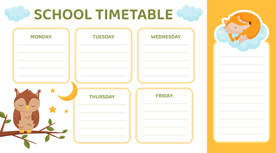 School Timetable with Cute Fox and Owl Having Bedtime Vector Template. Funny Animal Ready for Night Sleep