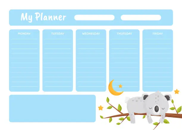 Vector illustration of Planner with Cute Koala Sleeping on Tree Branch Having Bedtime Vector Template