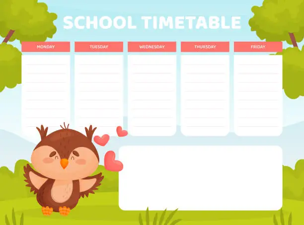 Vector illustration of School Timetable with Funny Cartoon Owl Animal with Heart Feel Love Vector Template