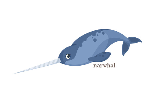 Blue Narwhal with Long Horn as Animal of North Vector Illustration. Arctic Mammal and Northern Pole Fauna