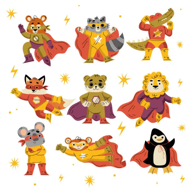 Vector illustration of Animal Characters Superhero Dressed in Mask and Cape or Cloak Vector Set