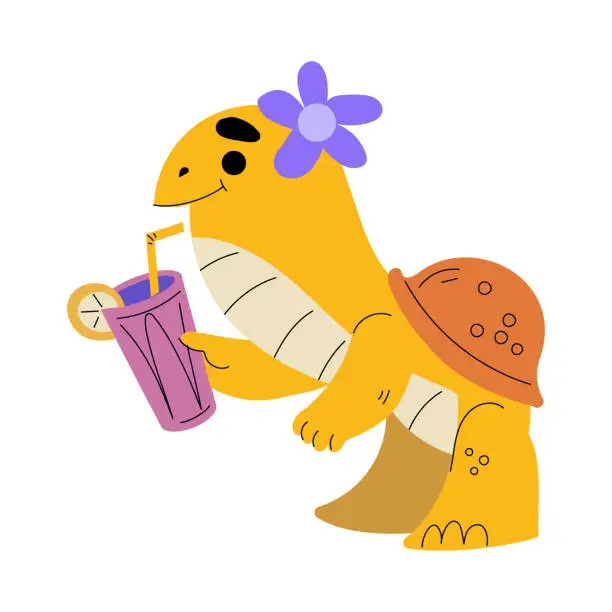 Vector illustration of Cute Turtle Tourist Drinking Juice with Straw Having Summer Resort Vacation Vector Illustration