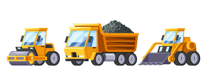 Heavy Construction Cars. Cartoon Vector Tip Truck Hauls And Unloads Materials Like Gravel. Roller Compacts Road Surfaces For Durability. Bulldozer Clears And Levels Terrain, Essential For Road.