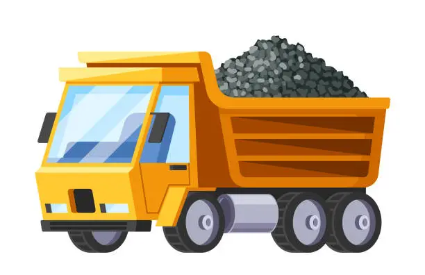 Vector illustration of Vector Tip Truck For Road Construction, Efficiently Transports And Unloads Bulk Materials Like Gravel Or Asphalt